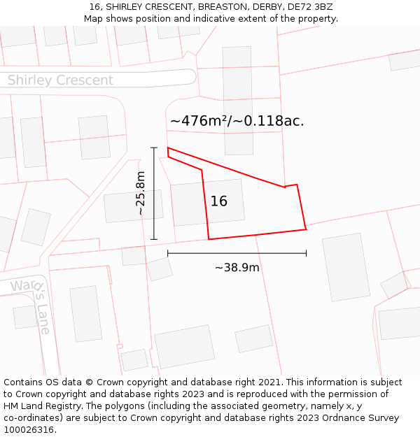 16, SHIRLEY CRESCENT, BREASTON, DERBY, DE72 3BZ: Plot and title map