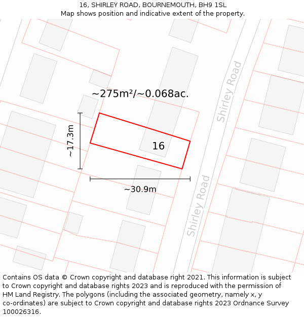 16, SHIRLEY ROAD, BOURNEMOUTH, BH9 1SL: Plot and title map