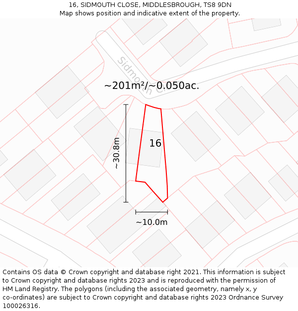 16, SIDMOUTH CLOSE, MIDDLESBROUGH, TS8 9DN: Plot and title map