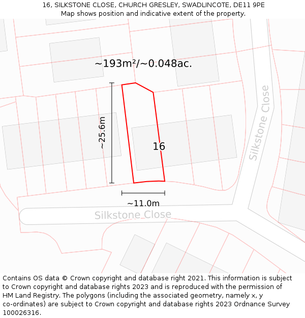 16, SILKSTONE CLOSE, CHURCH GRESLEY, SWADLINCOTE, DE11 9PE: Plot and title map
