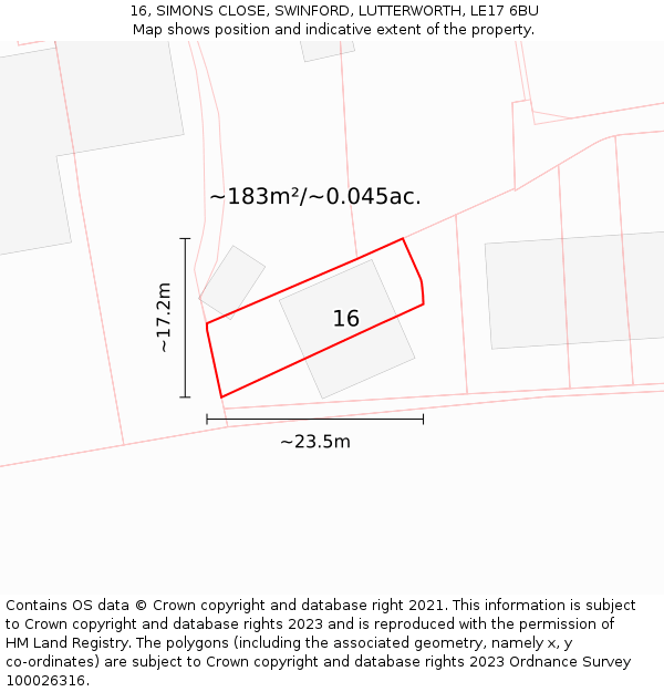 16, SIMONS CLOSE, SWINFORD, LUTTERWORTH, LE17 6BU: Plot and title map