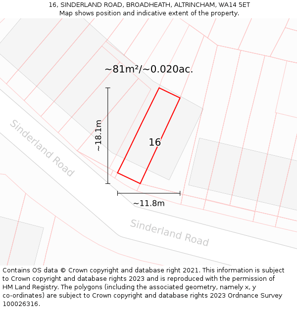 16, SINDERLAND ROAD, BROADHEATH, ALTRINCHAM, WA14 5ET: Plot and title map