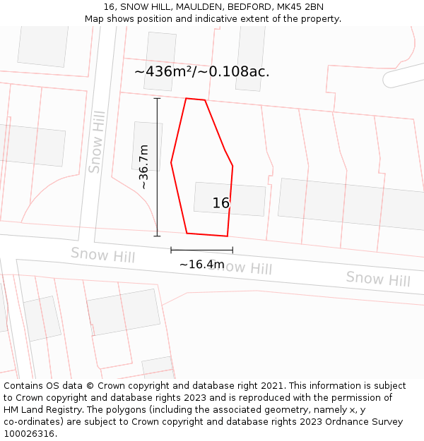 16, SNOW HILL, MAULDEN, BEDFORD, MK45 2BN: Plot and title map