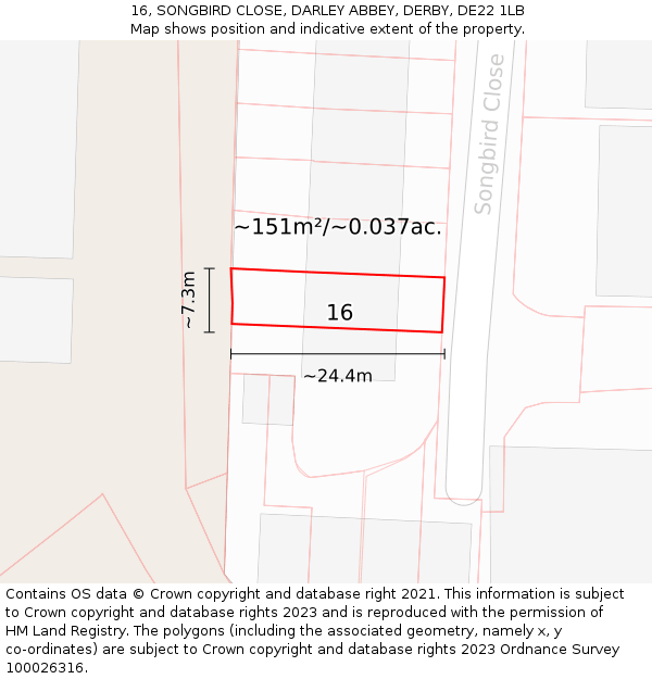 16, SONGBIRD CLOSE, DARLEY ABBEY, DERBY, DE22 1LB: Plot and title map