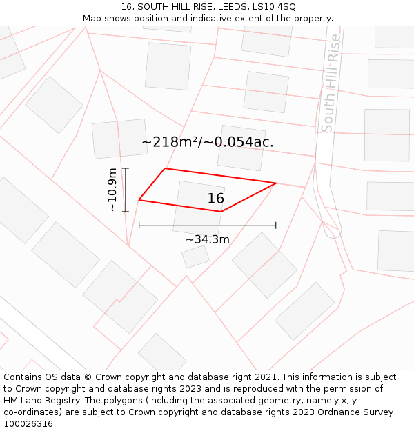 16, SOUTH HILL RISE, LEEDS, LS10 4SQ: Plot and title map
