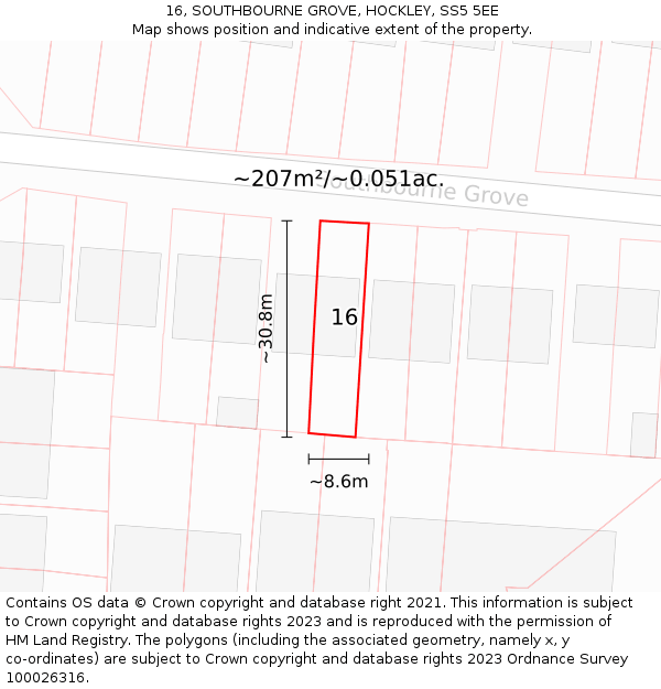 16, SOUTHBOURNE GROVE, HOCKLEY, SS5 5EE: Plot and title map