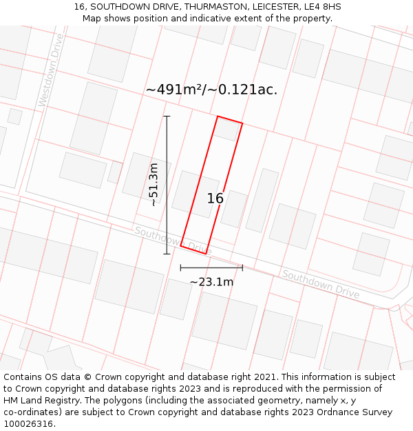 16, SOUTHDOWN DRIVE, THURMASTON, LEICESTER, LE4 8HS: Plot and title map