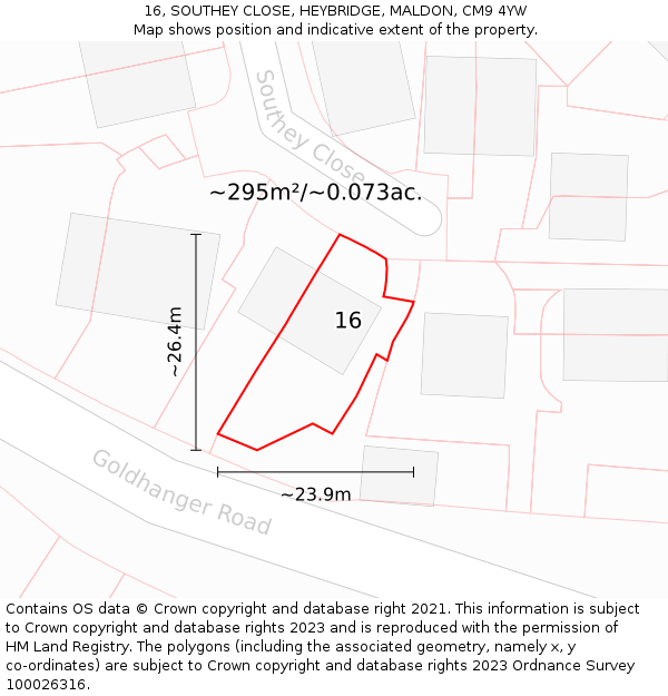 16, SOUTHEY CLOSE, HEYBRIDGE, MALDON, CM9 4YW: Plot and title map