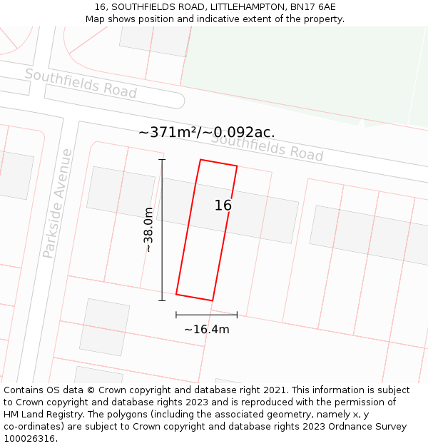 16, SOUTHFIELDS ROAD, LITTLEHAMPTON, BN17 6AE: Plot and title map
