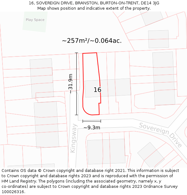 16, SOVEREIGN DRIVE, BRANSTON, BURTON-ON-TRENT, DE14 3JG: Plot and title map