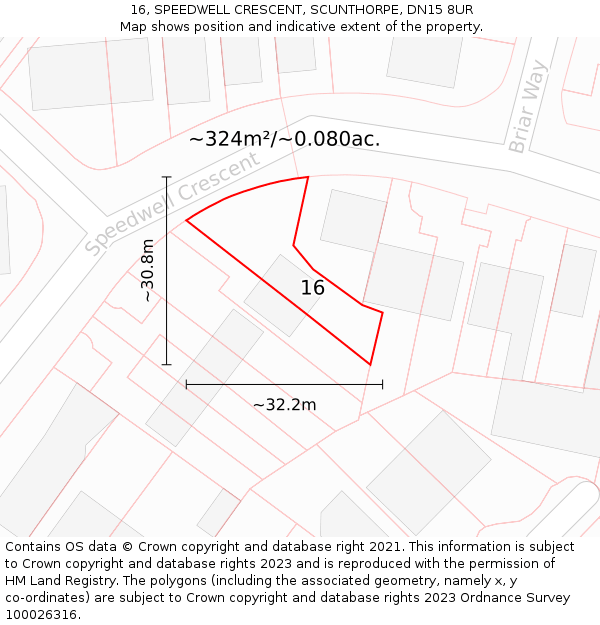 16, SPEEDWELL CRESCENT, SCUNTHORPE, DN15 8UR: Plot and title map