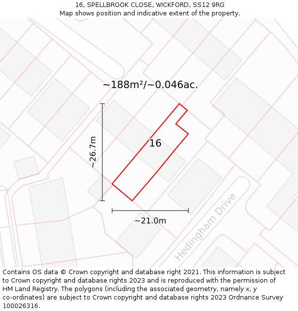 16, SPELLBROOK CLOSE, WICKFORD, SS12 9RG: Plot and title map