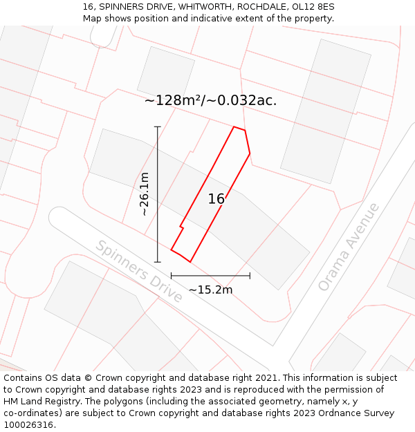 16, SPINNERS DRIVE, WHITWORTH, ROCHDALE, OL12 8ES: Plot and title map