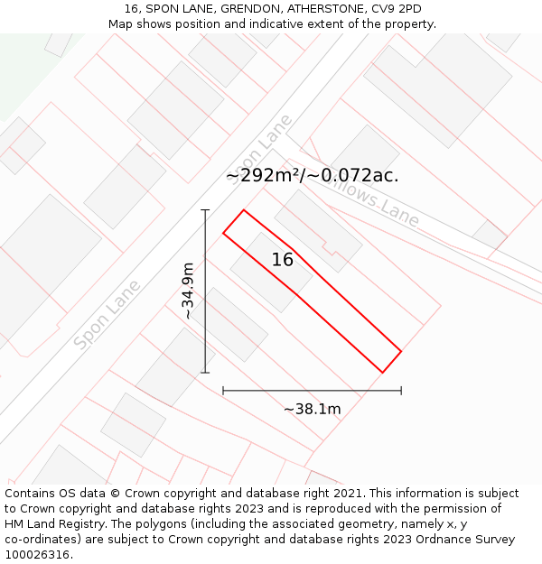 16, SPON LANE, GRENDON, ATHERSTONE, CV9 2PD: Plot and title map