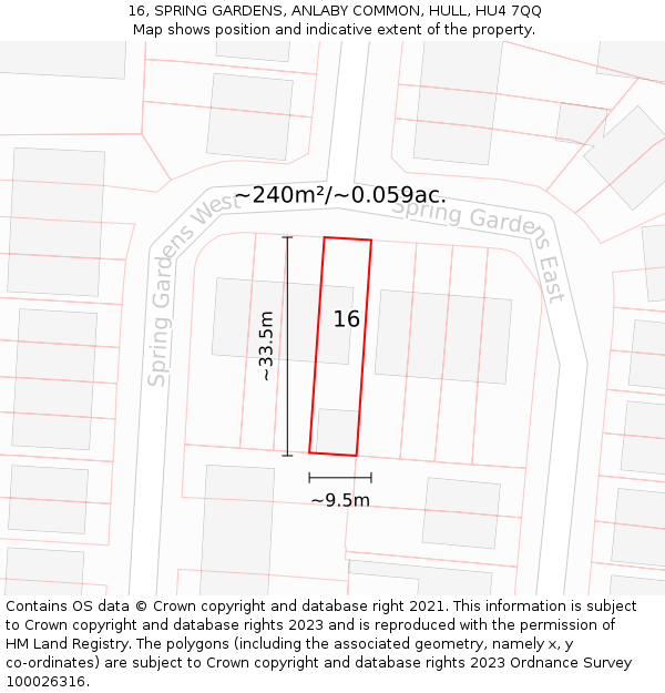 16, SPRING GARDENS, ANLABY COMMON, HULL, HU4 7QQ: Plot and title map