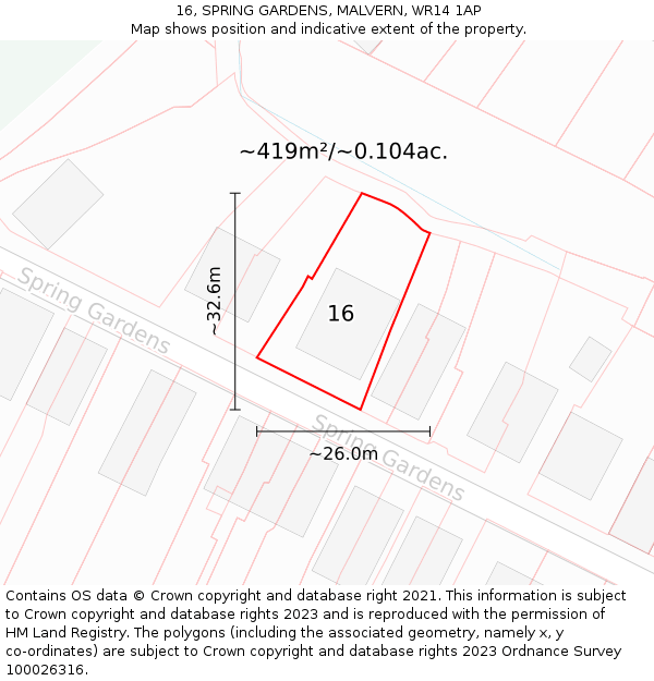 16, SPRING GARDENS, MALVERN, WR14 1AP: Plot and title map