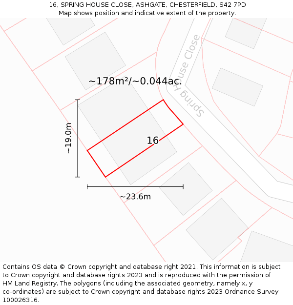 16, SPRING HOUSE CLOSE, ASHGATE, CHESTERFIELD, S42 7PD: Plot and title map