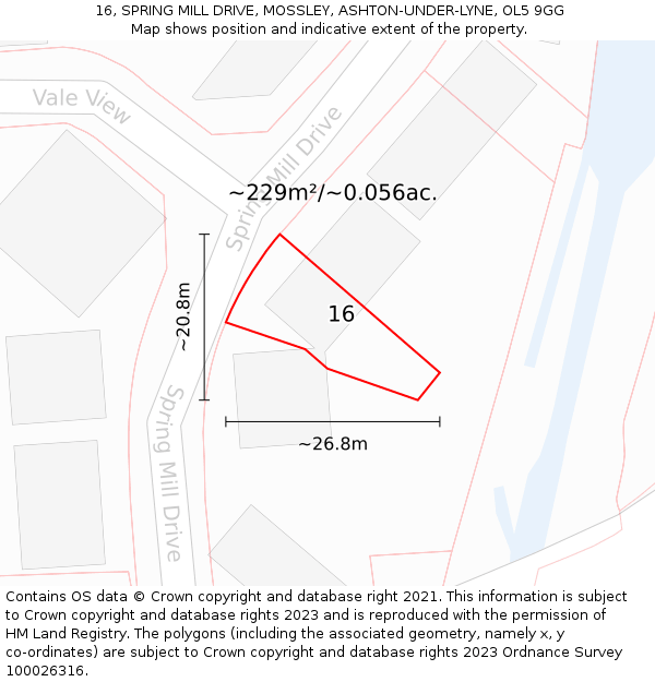 16, SPRING MILL DRIVE, MOSSLEY, ASHTON-UNDER-LYNE, OL5 9GG: Plot and title map