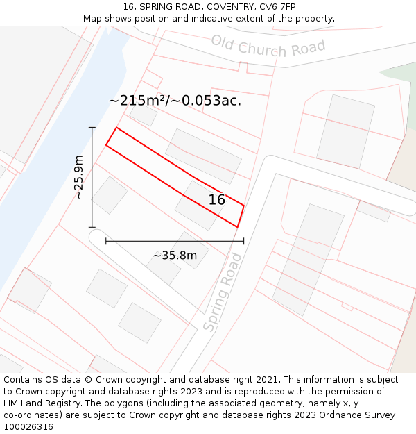 16, SPRING ROAD, COVENTRY, CV6 7FP: Plot and title map