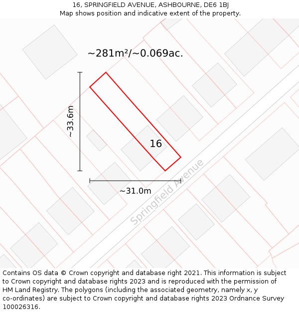 16, SPRINGFIELD AVENUE, ASHBOURNE, DE6 1BJ: Plot and title map
