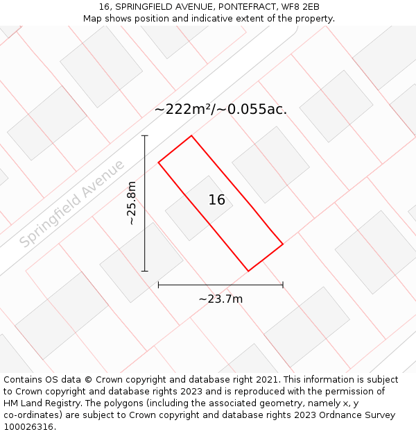 16, SPRINGFIELD AVENUE, PONTEFRACT, WF8 2EB: Plot and title map