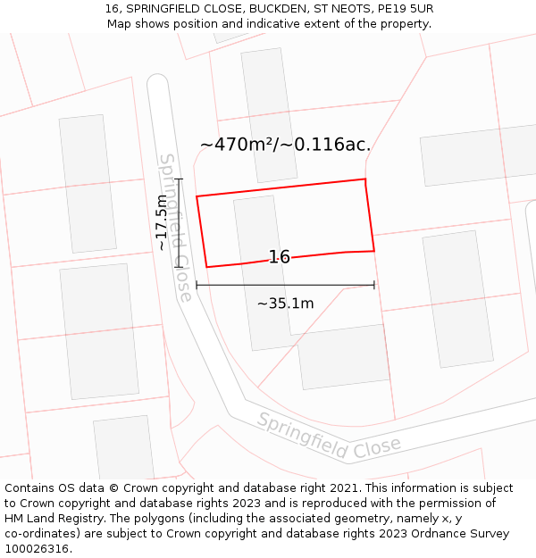 16, SPRINGFIELD CLOSE, BUCKDEN, ST NEOTS, PE19 5UR: Plot and title map