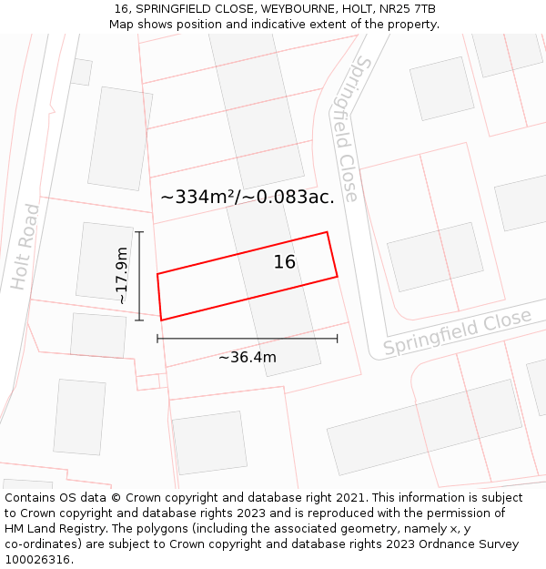 16, SPRINGFIELD CLOSE, WEYBOURNE, HOLT, NR25 7TB: Plot and title map
