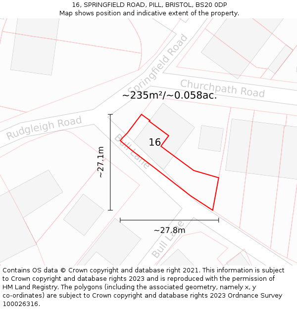 16, SPRINGFIELD ROAD, PILL, BRISTOL, BS20 0DP: Plot and title map
