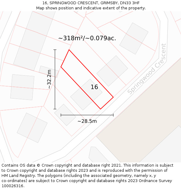 16, SPRINGWOOD CRESCENT, GRIMSBY, DN33 3HF: Plot and title map