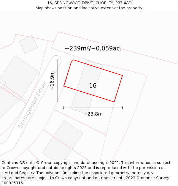 16, SPRINGWOOD DRIVE, CHORLEY, PR7 4AD: Plot and title map