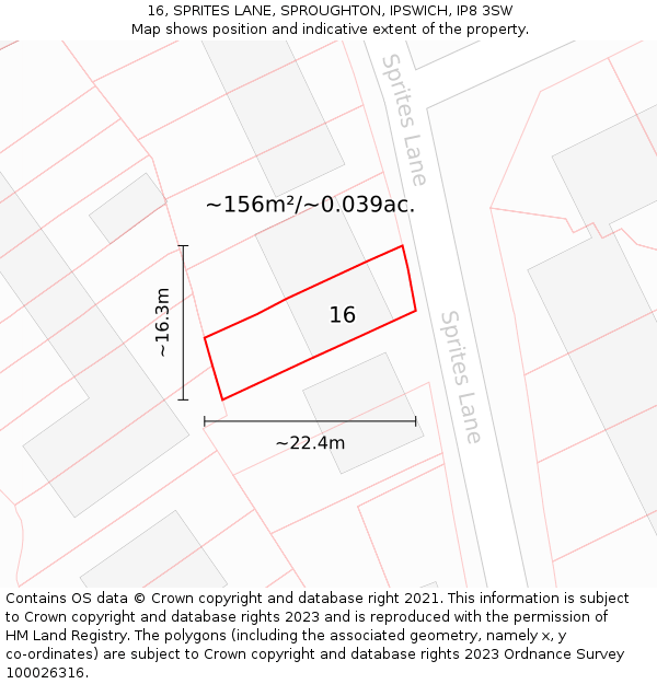 16, SPRITES LANE, SPROUGHTON, IPSWICH, IP8 3SW: Plot and title map
