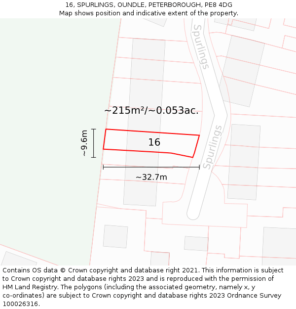 16, SPURLINGS, OUNDLE, PETERBOROUGH, PE8 4DG: Plot and title map