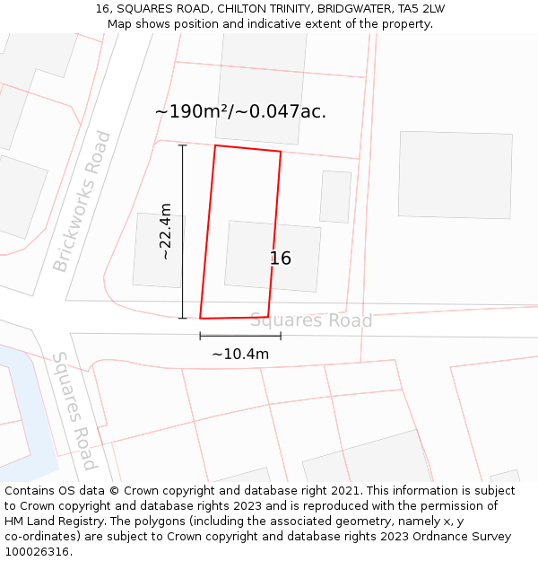 16, SQUARES ROAD, CHILTON TRINITY, BRIDGWATER, TA5 2LW: Plot and title map