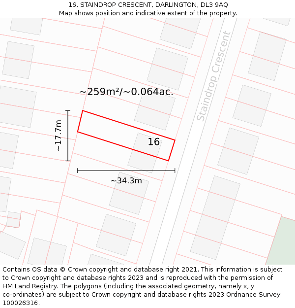 16, STAINDROP CRESCENT, DARLINGTON, DL3 9AQ: Plot and title map