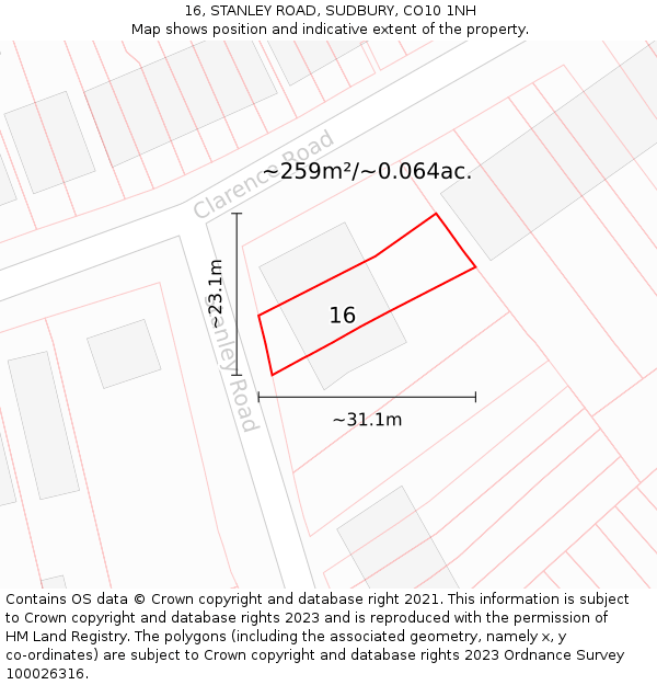 16, STANLEY ROAD, SUDBURY, CO10 1NH: Plot and title map
