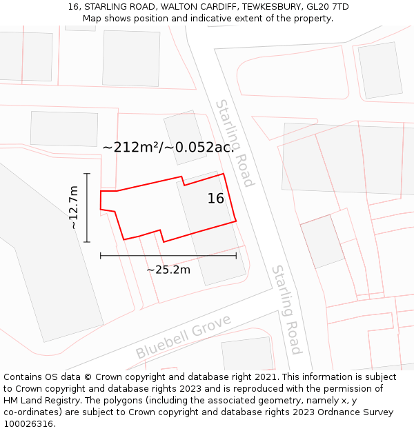 16, STARLING ROAD, WALTON CARDIFF, TEWKESBURY, GL20 7TD: Plot and title map