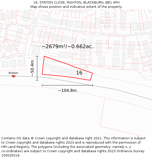 16, STATION CLOSE, RISHTON, BLACKBURN, BB1 4PH: Plot and title map