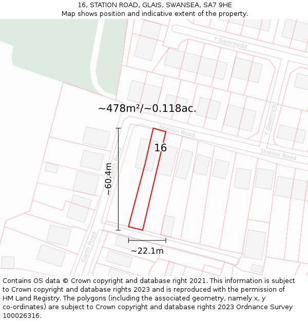 16, STATION ROAD, GLAIS, SWANSEA, SA7 9HE: Plot and title map