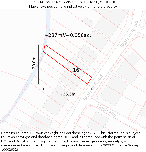 16, STATION ROAD, LYMINGE, FOLKESTONE, CT18 8HP: Plot and title map