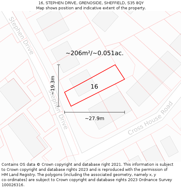 16, STEPHEN DRIVE, GRENOSIDE, SHEFFIELD, S35 8QY: Plot and title map