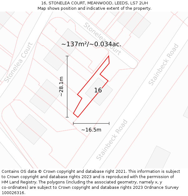 16, STONELEA COURT, MEANWOOD, LEEDS, LS7 2UH: Plot and title map