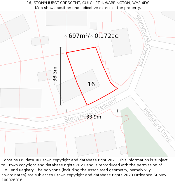 16, STONYHURST CRESCENT, CULCHETH, WARRINGTON, WA3 4DS: Plot and title map