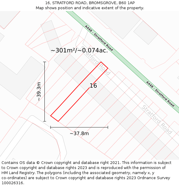 16, STRATFORD ROAD, BROMSGROVE, B60 1AP: Plot and title map