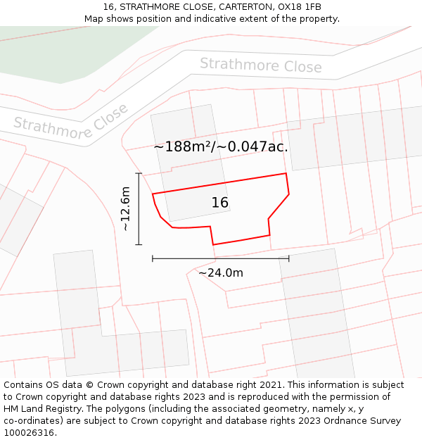 16, STRATHMORE CLOSE, CARTERTON, OX18 1FB: Plot and title map