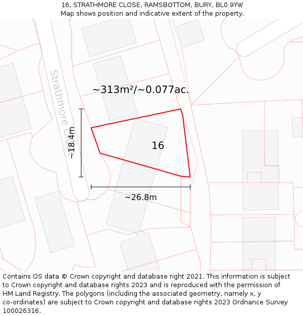 16, STRATHMORE CLOSE, RAMSBOTTOM, BURY, BL0 9YW: Plot and title map