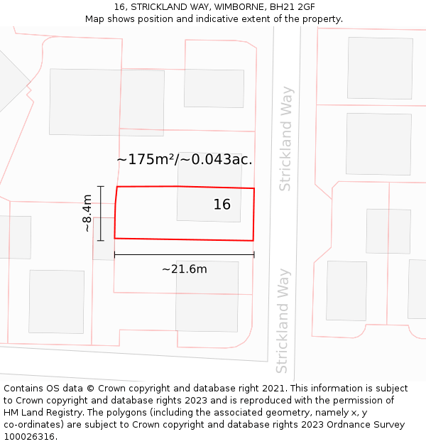 16, STRICKLAND WAY, WIMBORNE, BH21 2GF: Plot and title map