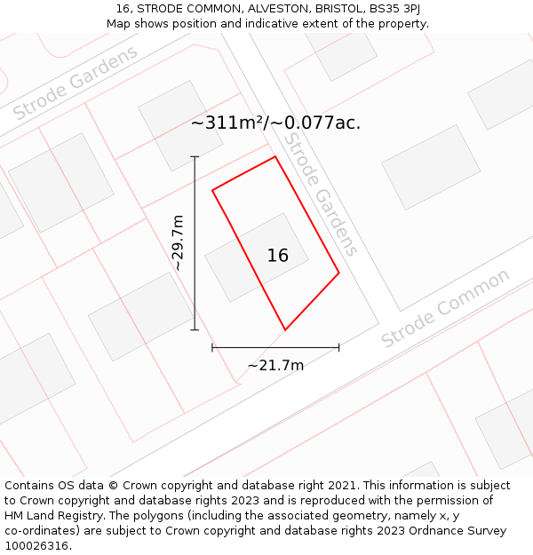 16, STRODE COMMON, ALVESTON, BRISTOL, BS35 3PJ: Plot and title map