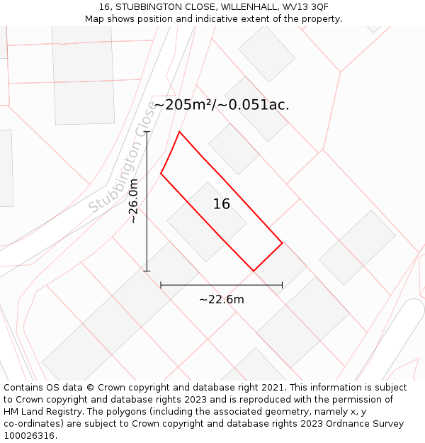 16, STUBBINGTON CLOSE, WILLENHALL, WV13 3QF: Plot and title map