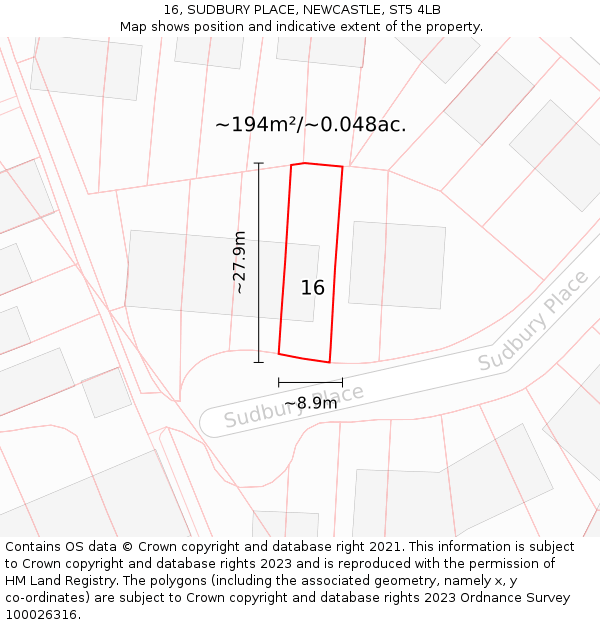 16, SUDBURY PLACE, NEWCASTLE, ST5 4LB: Plot and title map
