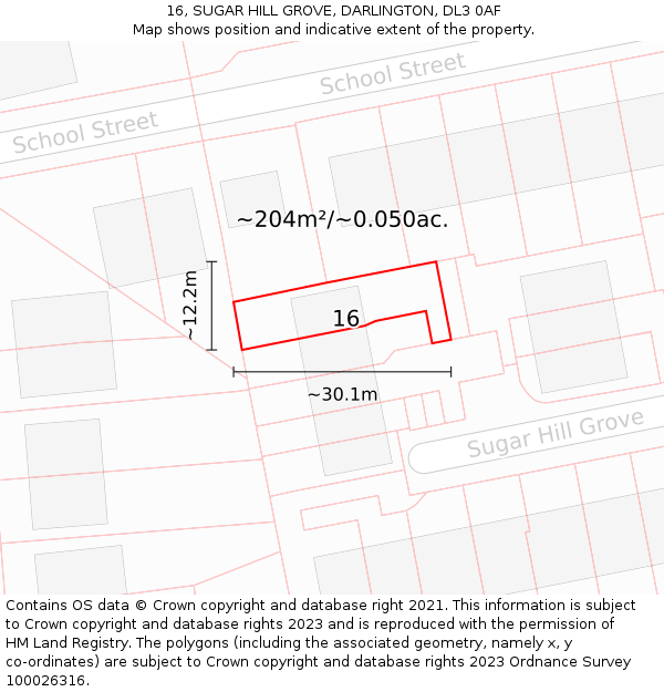 16, SUGAR HILL GROVE, DARLINGTON, DL3 0AF: Plot and title map